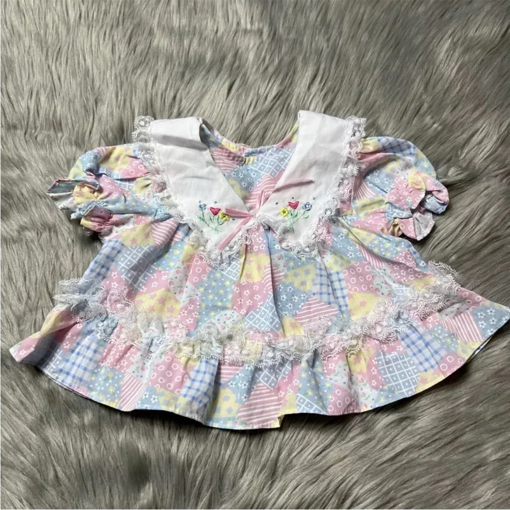 Vintage Cradle Togs Baby Girls Patchwork Floral Ruffle Lace Dress